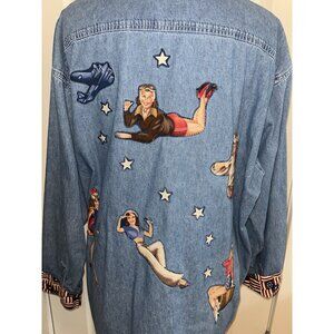 Womens Embellished Denim Blue Jean XL Top Quilt Pin Up Girl Quilter USA Patriot
